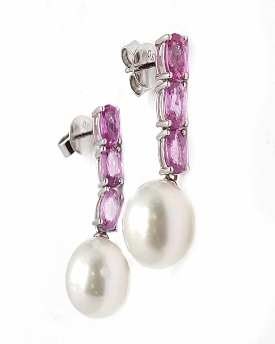 18K White Gold Pink Sapphire and South Sea Pearl Earrings